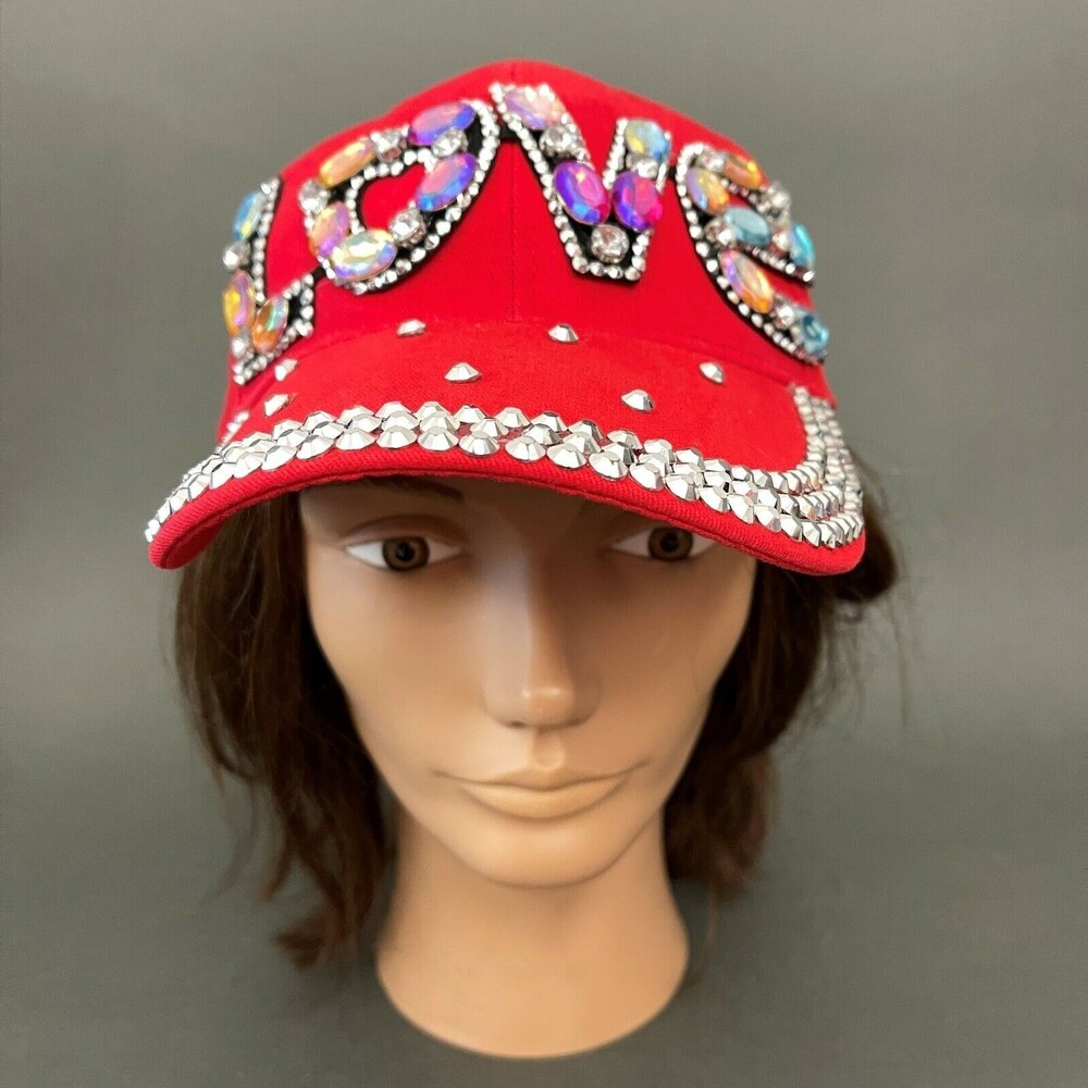 Women's‎ Red Cap Hat Bling LOVE Rhinestones Colorful Stones